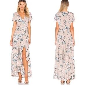 Auguste the Label Tan Floral Wrap Maxi Dress Short Sleeve High Low V-Neck Size 8